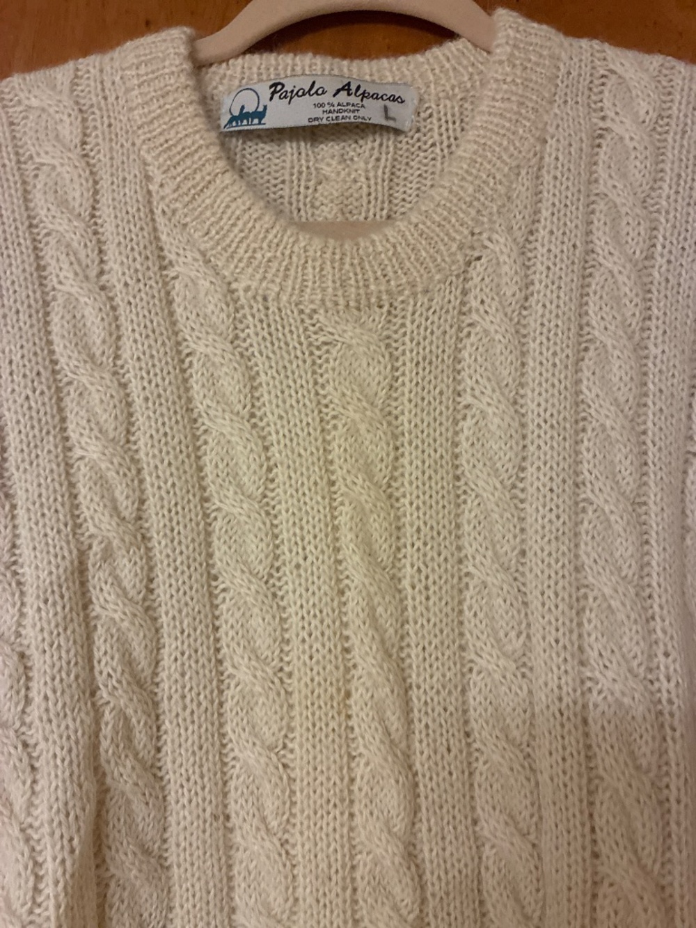 Hand knit 100% Alpaca Pajala Alpacas Crew Cable knit Sweater Fisherman Vintage - Picture 3 of 3